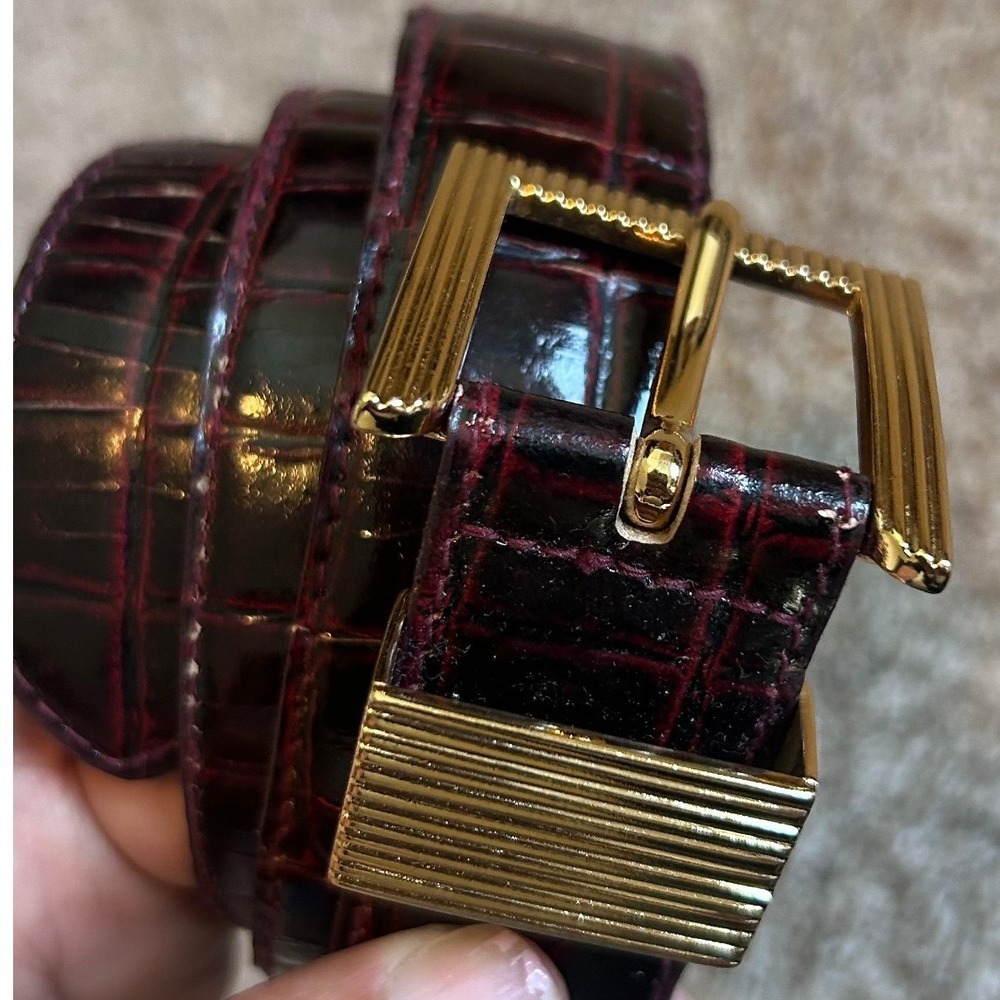 Cipriani Burgundy Crocodile Embossed Leather Belt Gold Ribbed Buckle Size Large